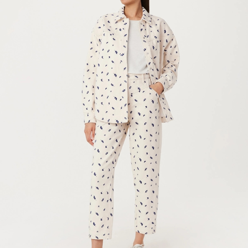 Women's Cream and Blue Patterned Denim Jacket.or Overshirt With Denim Pants